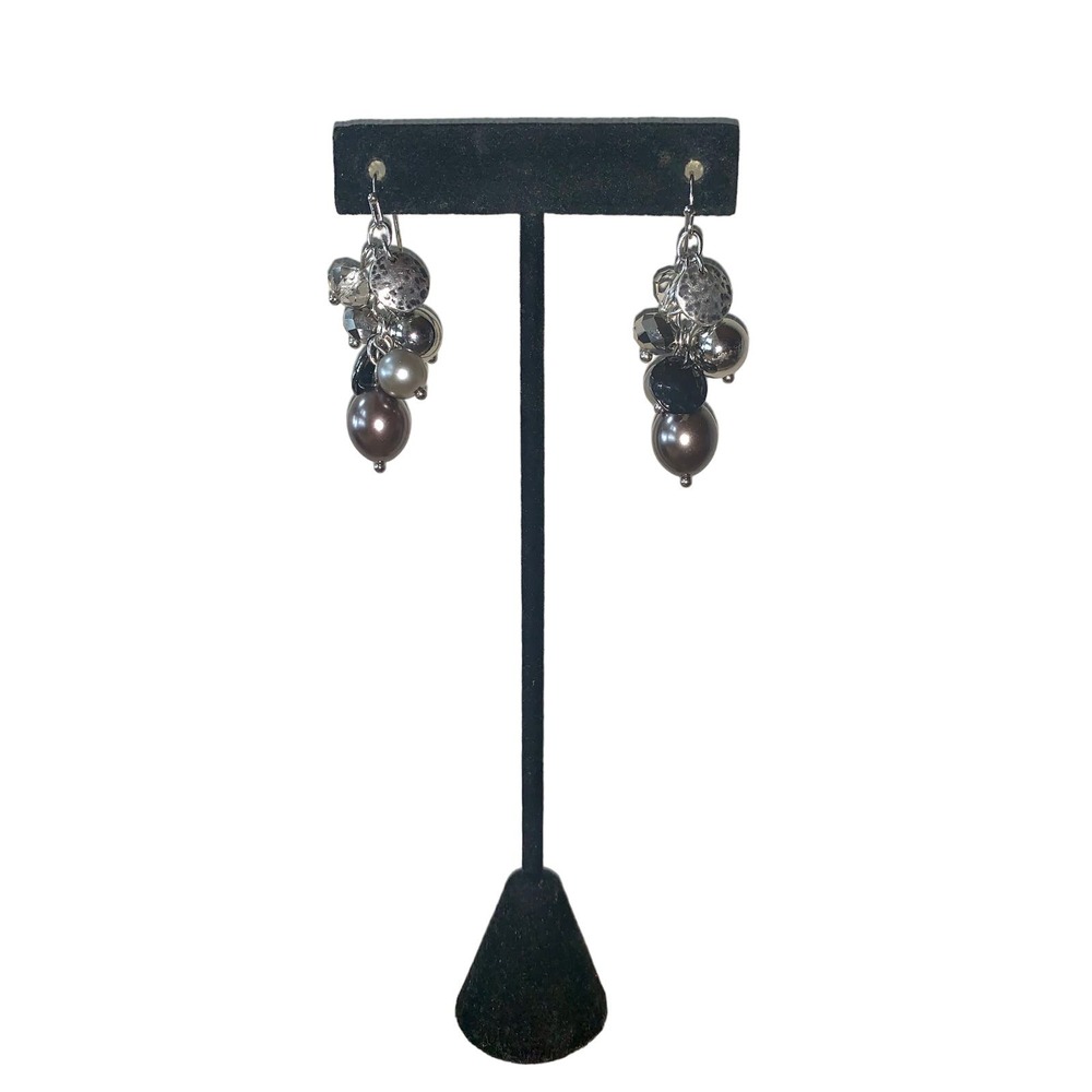 Silver and Pewter Tone Disc Beaded Cluster Dangle Earrings EUC